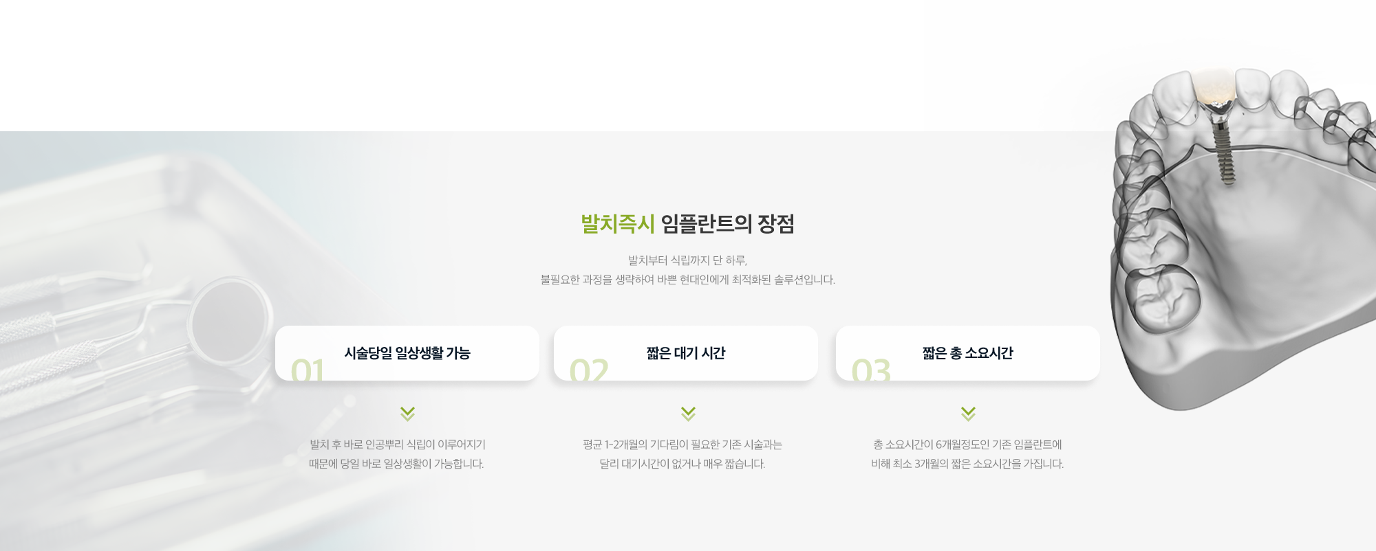 발치즉시 임플란트의 장점 : 1. 시술당일 일상생활 가능, 2. 짧은 대기 시간, 3. 짧은 총 소요시간